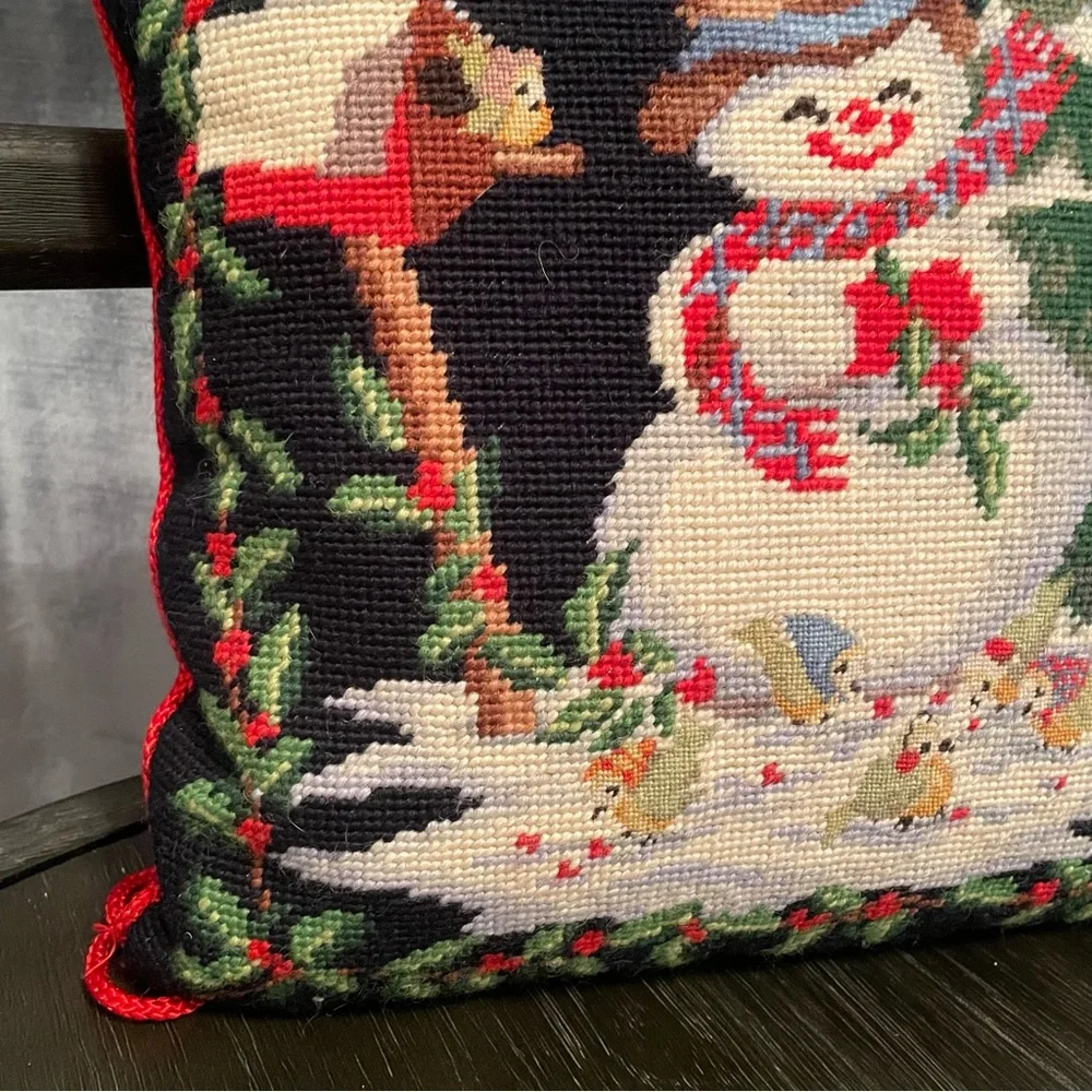100% Wool Handmade Needle Point  snowman Pillow Christmas 13x13”